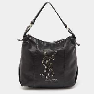 Yves Saint Laurent Black Leather Logo Studded Hobo