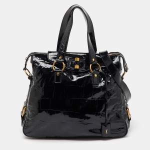 Yves Saint Laurent Black Croc Embossed Patent Leather Muse Messenger Bag