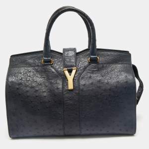 Yves Saint Laurent Navy Blue Ostrich Medium Cabas Chyc Tote