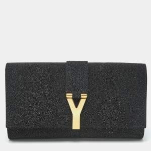 Yves Saint Laurent Black Textured Coated Suede Y-Ligne Clutch