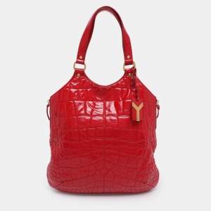 Yves Saint Laurent Red Croc Embossed Patent Leather Tribute Tote