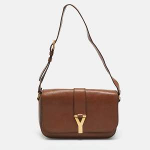 Pre Owned Yves Saint Laurent Brown Leather Large Chyc Flap Shoulder Bag