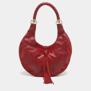 Pre Owned Yves Saint Laurent Red Leather and Suede Tassel Hobo