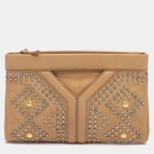 Pre Owned Yves Saint Laurent Beige Leather Studded Clutch