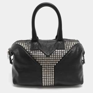 Pre Owned Yves Saint Laurent Easy Y Studded Black Leather Boston Bag