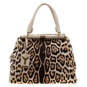 Pre Owned Saint Laurent Paris Beige Leopard Calfhair and Leather Medium Majorelle Satchel