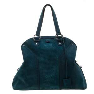 Pre Owned Yves Saint Laurent Dark Green Lizard Embossed Suede Oversized Muse Satchel