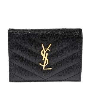 Pre Owned Saint Laurent Paris Black Matelasse Leather Monogram Compact Wallet