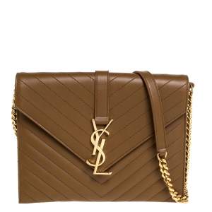 Pre Owned Saint Laurent Tan Matelasse Leather Monogram Chain Clutch