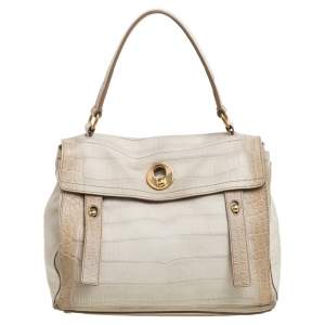 Pre Owned Yves Saint Laurent Cream Croc Embossed Leather Medium Muse Two Satchel
