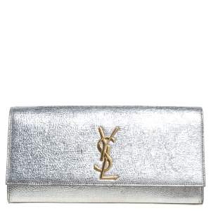 Pre Owned Saint Laurent Metallic Silver Textured Leather Monogram Clutch