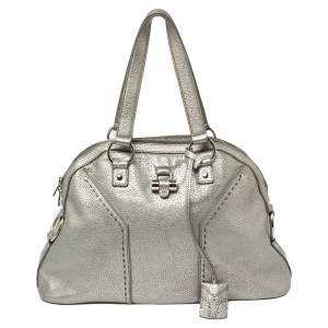 Yves Saint Laurent Metallic Silver Textured Leather Muse Bag