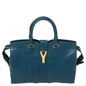 Pre Owned Yves Saint Laurent Paris Teal Blue Leather Large Y Cabas Chyc Tote