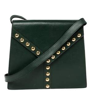 Pre Owned Yves Saint Laurent Green Leather Y Studded Flap Shoulder Bag