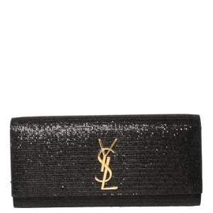 Pre Owned Saint Laurent Black Glitter Fabric Cassandre Clutch