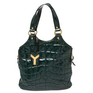 Pre Owned Yves Saint Laurent Green Croc Embossed Patent Leather Tribute Tote
