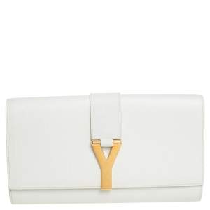 Pre Owned Saint Laurent White Leather Y-Ligne Clutch