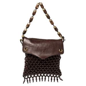 Pre Owned Yves Saint Laurent Mocha Brown Leather and Suede Beaded Fringed Shoulder Bag