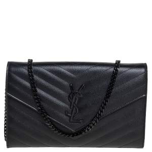 Pre Owned Saint Laurent Black Chevron Quilted Leather Monogram Envelope Wallet on Chain