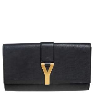 Pre Owned Yves Saint Laurent Black Textured Leather Y-Ligne Clutch