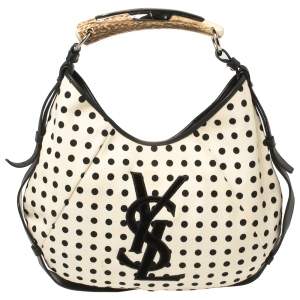 Pre Owned Yves Saint Laurent White/Black Fabric Polka Dot Mombasa Hobo