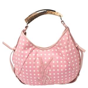 Pre Owned Yves Saint Laurent Pink//White Fabric Polka Dot Mombasa Hobo 