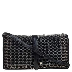 Pre Owned Yves Saint Laurent Black Suede and Leather Chain Link Flap Shoulder Bag 