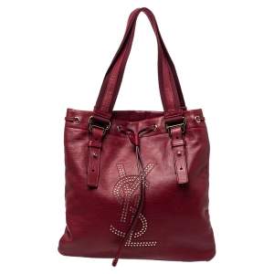 Pre Owned Yves Saint Laurent Maroon Leather Small Kahala Drawstring Tote