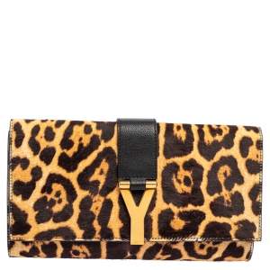 Pre Owned Yves Saint Laurent Brown/Black Leopard Print Calf Hair and Leather Chyc Clutch