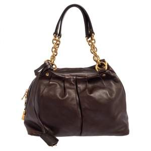 Pre Owned Yves Saint Laurent Dark Brown Pleated Leather Chain Satchel