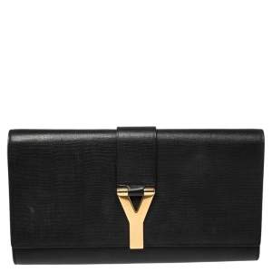 Pre Owned Yves Saint Laurent Black Textured Leather Y-Ligne Clutch