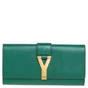Pre Owned Yves Saint Laurent Green Leather Y-Ligne Clutch