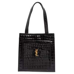 Pre Owned Yves Saint Laurent Black Croc Embossed Leather Tote