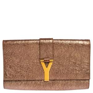 Pre Owned Yves Saint Laurent Metallic Pink Crinkled Leather Large Chyc Clutch