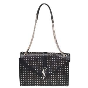 Pre Owned Saint Laurent Black Studded Leather Monogram Envelope Shoulder Bag