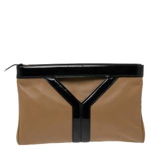 Pre Owned Yves Saint Laurent Beige/Black Patent Leather and Leather Cocktail Oversized Clutch