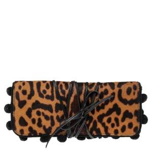 Yves Saint Laurent Brown/Beige Leopard Print Pony Hair Flap Clutch