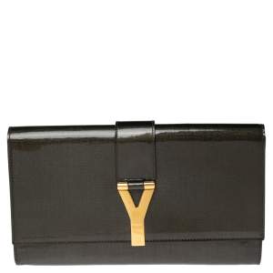 Pre Owned Yves Saint Laurent Olive Green Patent Leather Y-Ligne Clutch