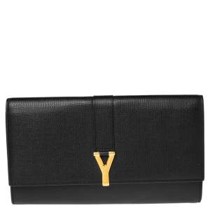 Pre Owned Yves Saint Laurent Black Textured Leather Document Clutch