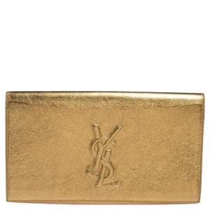 Pre Owned Yves Saint Laurent Metallic Gold Crinkled Leather Belle De Jour Clutch