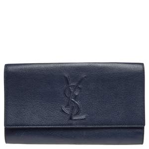 Pre Owned Yves Saint Laurent Navy Blue Leather Belle De Jour Flap Clutch