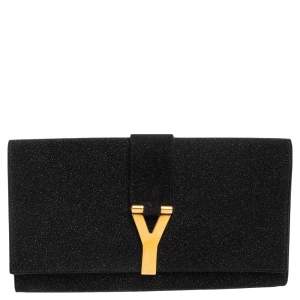 Pre Owned Yves Saint Laurent Black Shimmer Glitter And Suede Y-Ligne Clutch