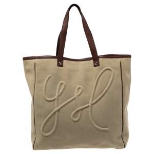 Pre Owned Yves Saint Laurent Brown/Beige Canvas and Leather Trim Charms Tote