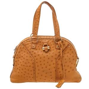 Pre Owned Yves Saint Laurent Tan Ostrich Large Muse Satchel