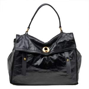 Pre Owned Yves Saint Laurent Black Patent Leather And Suede Muse Two Satchel