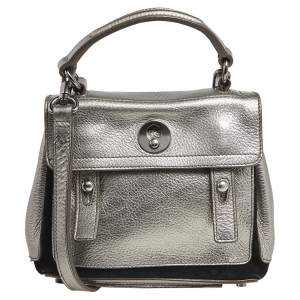 Yves Saint Laurent Metallic Grey Leather Mini Muse Two Top Handle Bag