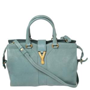Pre Owned Yves Saint Laurent Pale Blue Leather Small Cabas Chyc Tote