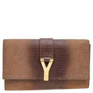 Pre Owned Yves Saint Laurent Brown Lizard Embossed Leather Y-Ligne Clutch