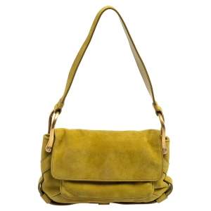 Pre Owned Yves Saint Laurent Green Suede Flap Shoulder Bag