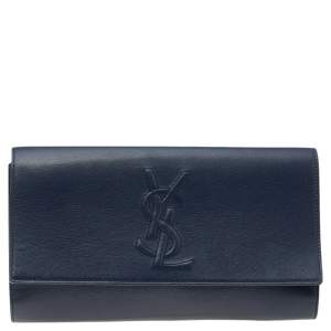 Pre Owned Yves Saint Laurent Navy Blue Leather Belle De Jour Flap Clutch